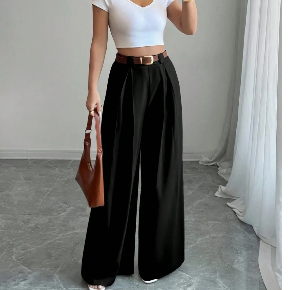 Classic Solid Stretchy Waist Pleated Pockets Wide leg Trouser Pants